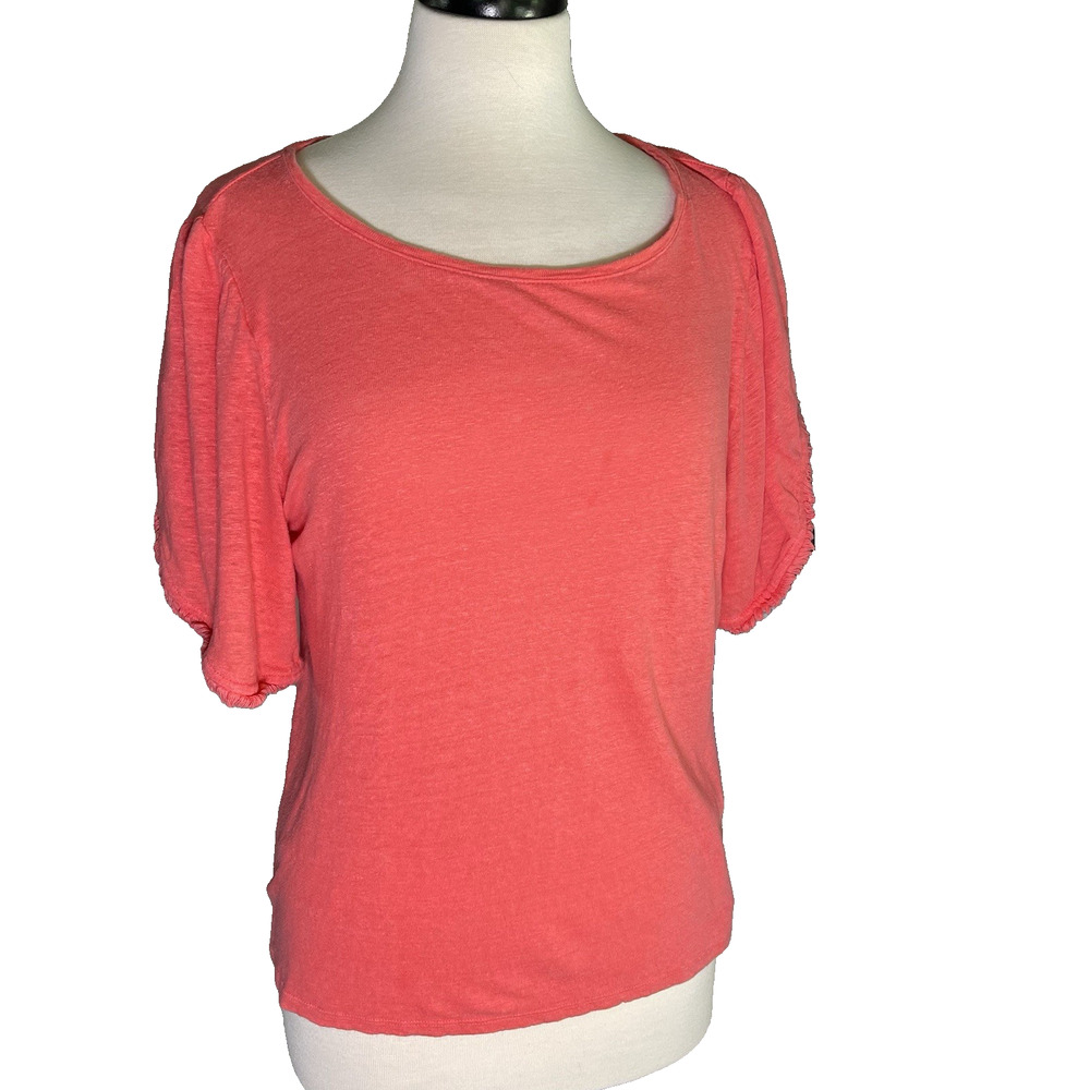 Chicos Knit Top Size 1 Medium Coral Linen Tee Short Sleeve Boat Neck